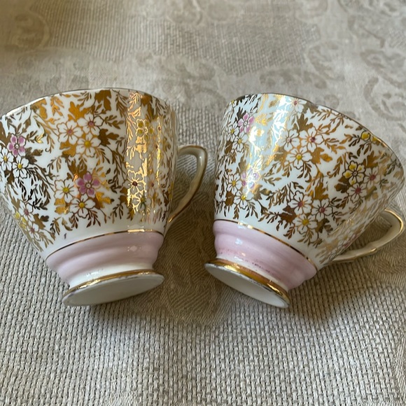 Vintage set of 2 Royal Stafford bone china Demitasse cups pink & gold chintz - Picture 1 of 10